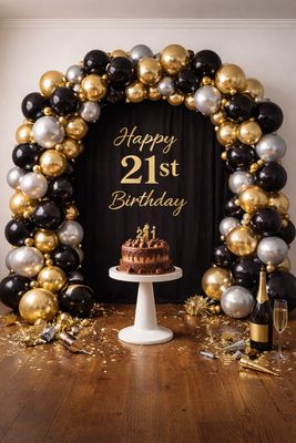 Black, gold and silver balloon arch with gold 21 foil numbers, chocolate cake on white plinth and confetti on wooden floor
