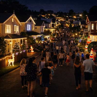 Night street filled with families walking past homes decorated with festive lights during a cultural community celebration
