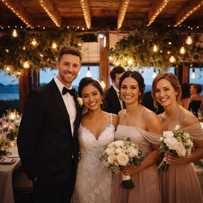 Bride and wedding party smiling under warm hanging LED lights at a formal evening reception with elegant event decor
