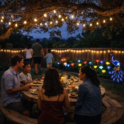 Family enjoying dinner outdoors under warm garden string lights with decorative LED lights glowing across a backyard at dusk
