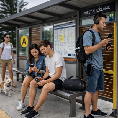 People waiting at a West Auckland bus stop using smartphones and headphones, with a portable speaker on the bench and a dog w