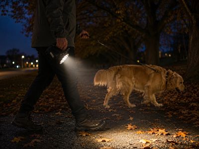 Medium rechargeable wide beam LED work light lighting a walking path while walking a golden retriever at dusk, ideal for dog 