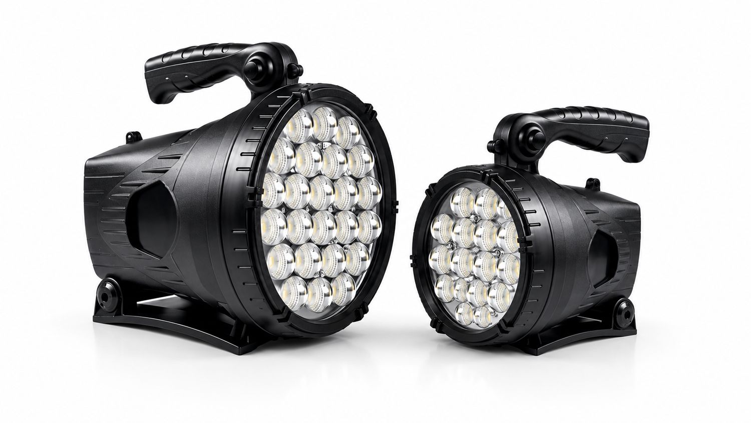 Large and medium rechargeable wide beam LED work lights with adjustable handles and freestanding bases for camping, workshops