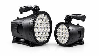 Large and medium rechargeable wide beam LED work lights with adjustable handles and freestanding bases for camping, workshops