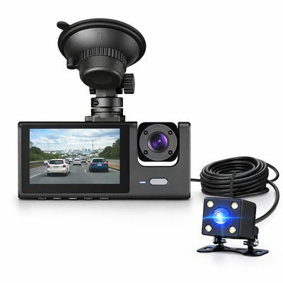 WiFi 3 camera dash cam with front, cabin and rear cameras, 5-inch display, suction mount and wired waterproof rear camera for