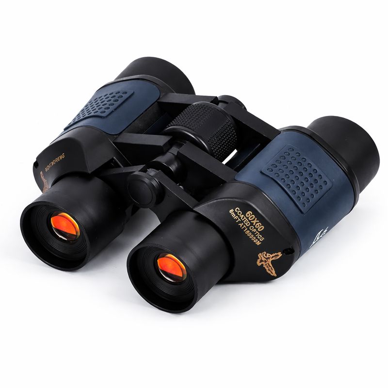 black field binoculars angled view orange coated lenses white background 