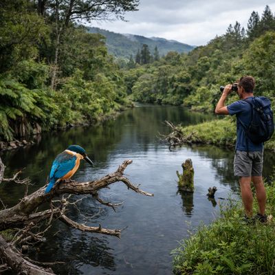 man using binoculars watching kingfisher river new zealand bush