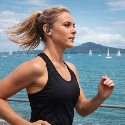 Woman jogging outdoors wearing wireless sport earbuds with ear hooks, waterfront background with sailboats and distant hills