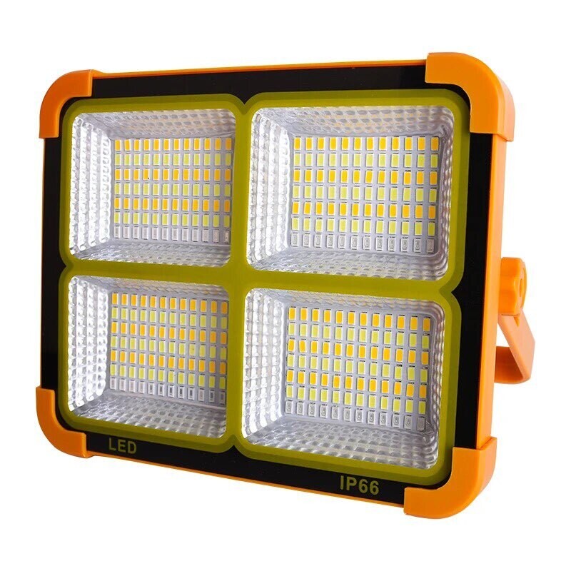 portable led flood light with four panel design and orange frame on white background