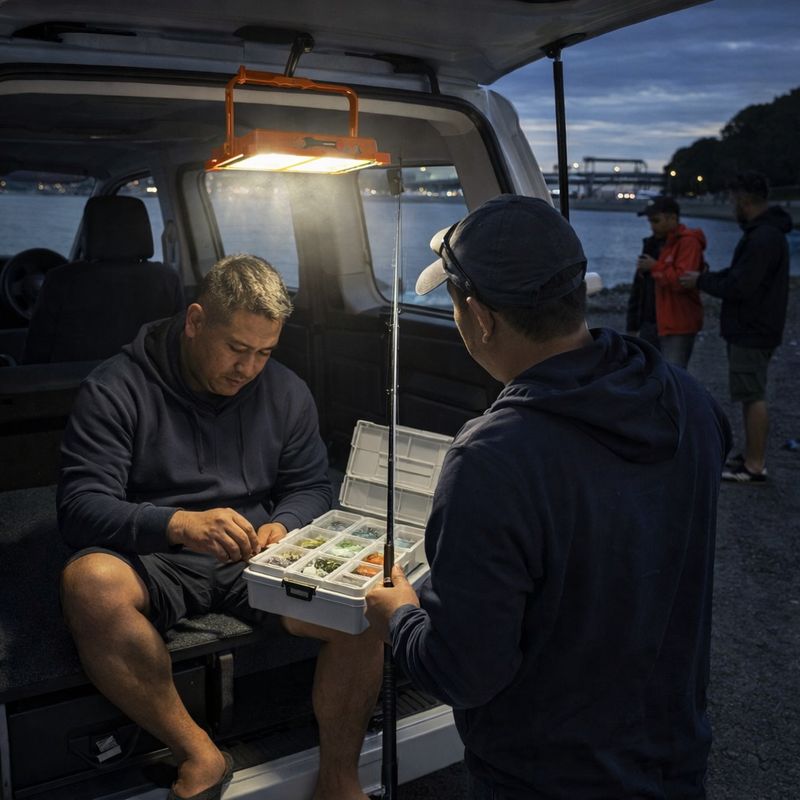 portable led work light illuminating fishing setup from vehicle boot at night outdoor scene