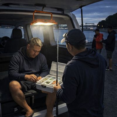 portable led work light illuminating fishing setup from vehicle boot at night outdoor scene