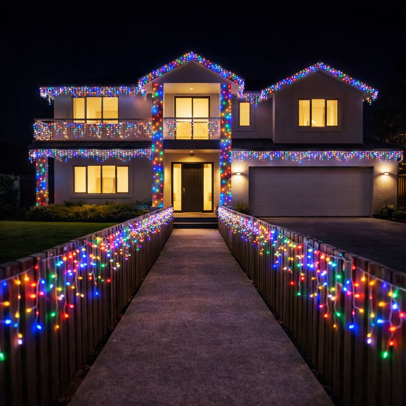 multicolour icicle curtain lights along fence and roofline lighting a modern home pathway at night