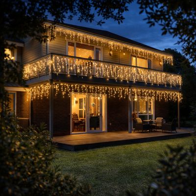 Warm white icicle curtain lights hanging along a two-storey house balcony and roof, lighting up an outdoor evening setting