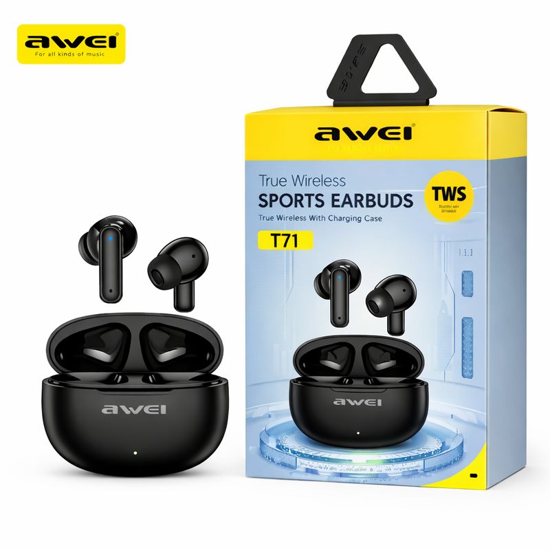 black Awei T71 wireless earbuds with charging case and retail packaging on white background