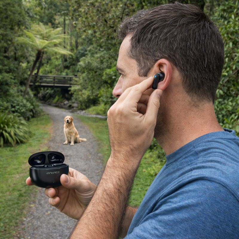 man in park inserting wireless earbud while holding charging case with dog waiting on path ahead