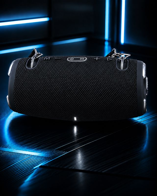 Portable rechargeable Bluetooth speaker with digital FM radio, built-in controls and shoulder strap in a blue setting