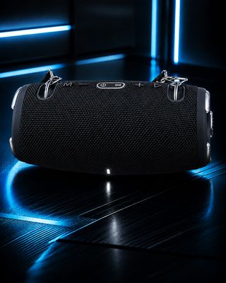 Portable rechargeable Bluetooth speaker with digital FM radio, built-in controls and shoulder strap in a blue setting