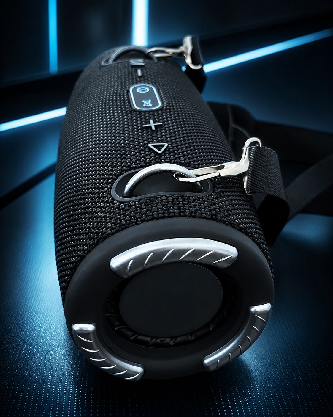 Portable rechargeable Bluetooth speaker with digital FM radio, shoulder strap and illuminated controls in a blue tech setting