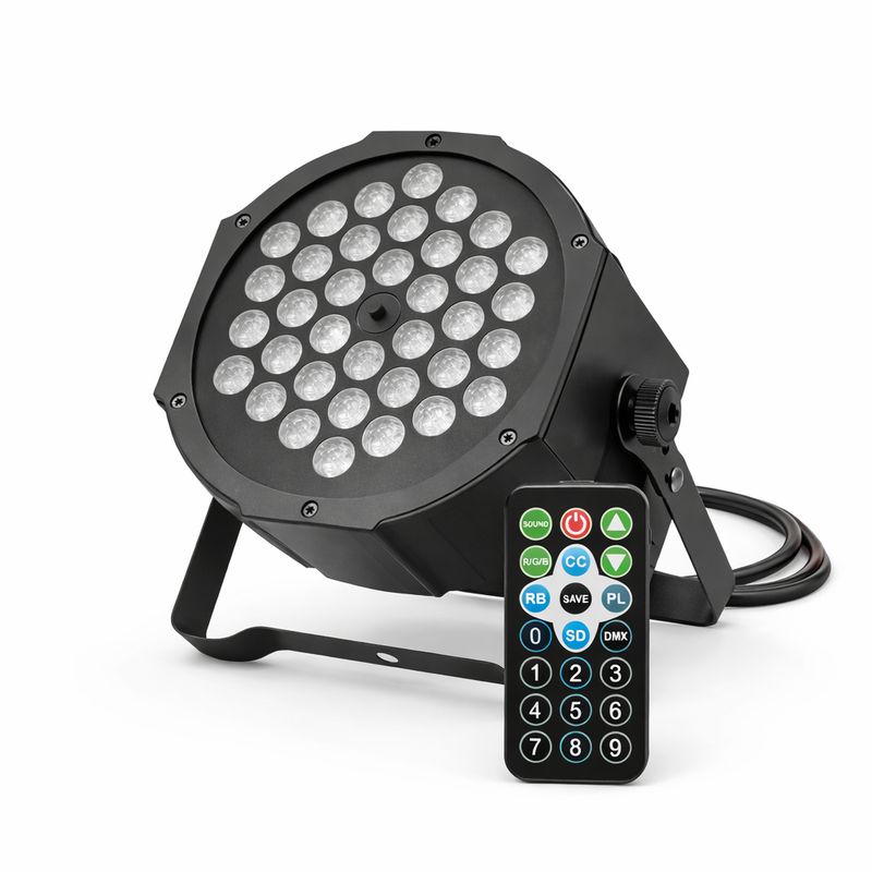 Mini Stage Light – RGB – 7 Colours – Portable – 36 LED LED stage par light with multiple round diodes, adjustable stand bracket, power cable, and handheld remote control on white