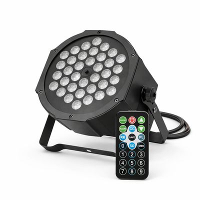 LED stage par light with multiple round diodes, adjustable stand bracket, power cable, and handheld remote control on white