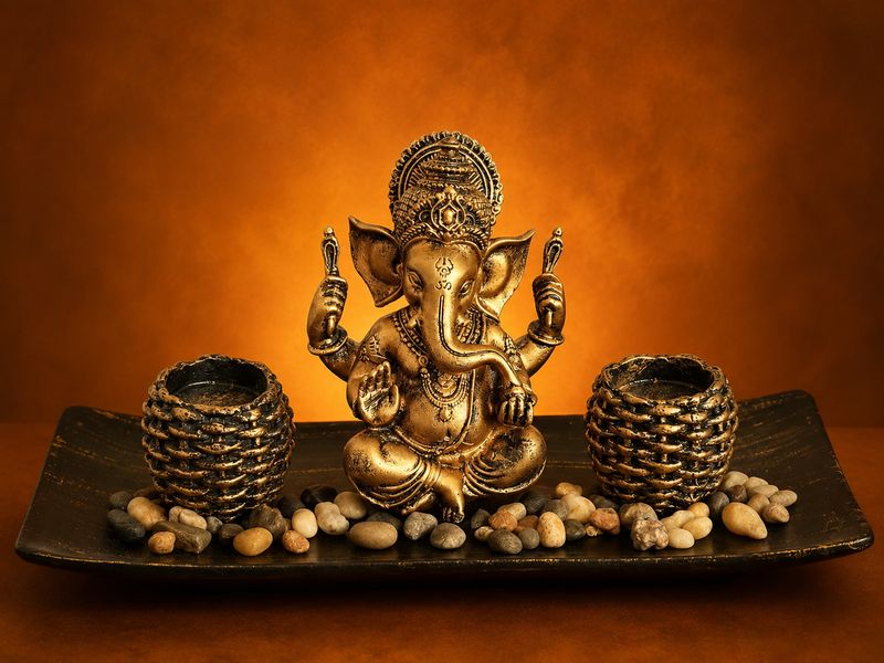 Ganesh Ornament On A Wooden Stand With 2 x Ornamental Candle Holders
