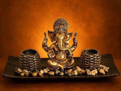 Ganesh Ornament On A Wooden Stand With 2 x Ornamental Candle Holders