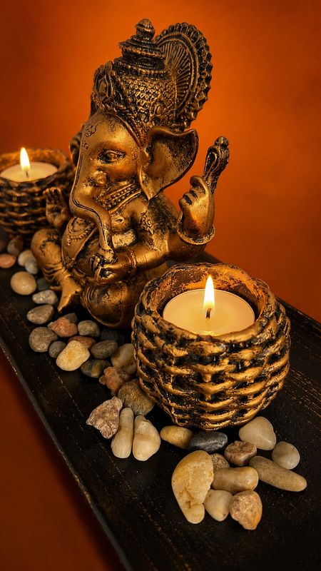 Ganesh Ornament On A Wooden Stand With 2 x Ornamental Candle Holders