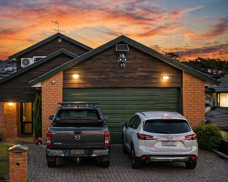 Solar security camera mounted above garage monitoring driveway with two cars at sunset suburban home