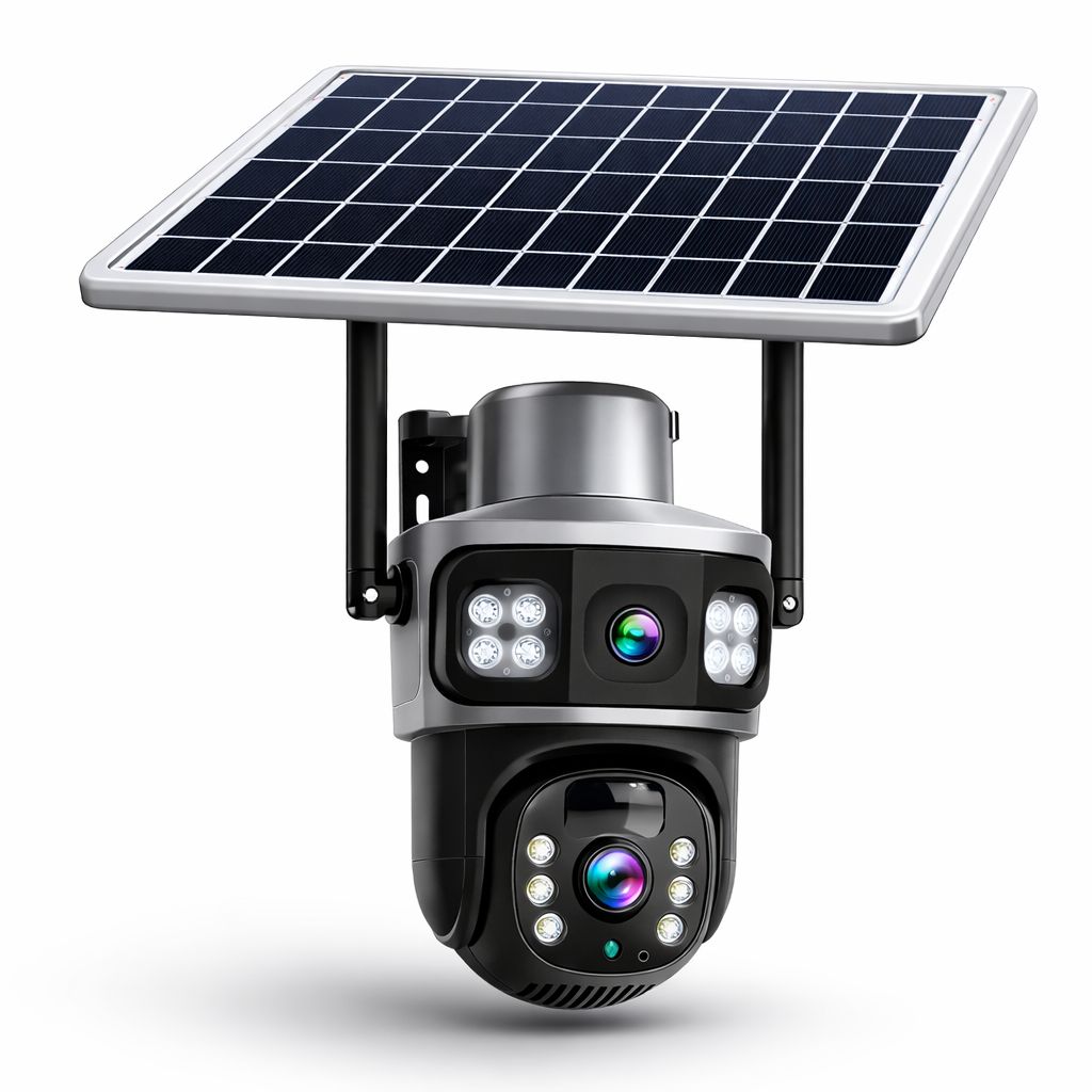 Solar powered outdoor security camera with dual lens and adjustable panel mount on white background