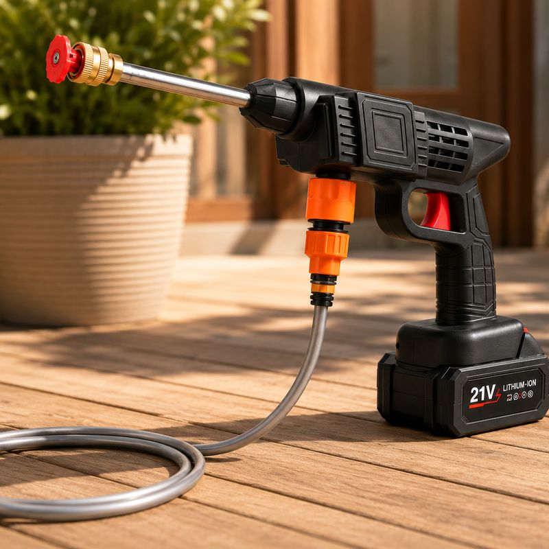 Portable Power Washer - Rechargeable - Handheld - Easy To Use Portable 21V rechargeable cordless power washer with water hose attached, ideal for cars, windows, decks and outdoor cleaning