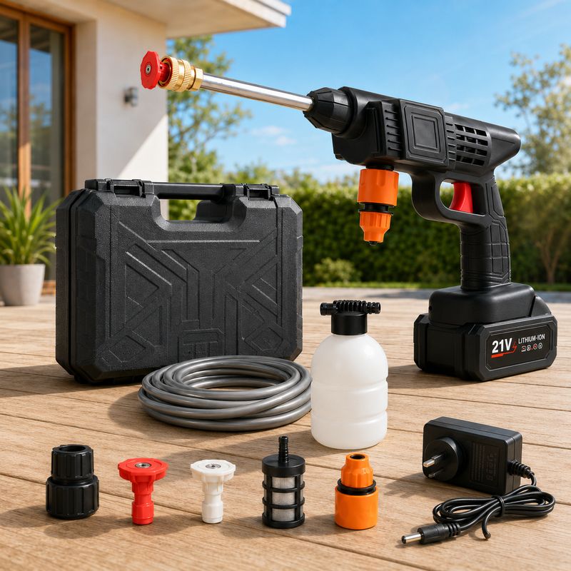 21V rechargeable cordless power washer kit with hose, spray nozzles, foam bottle, charger, filter and hard carry case.