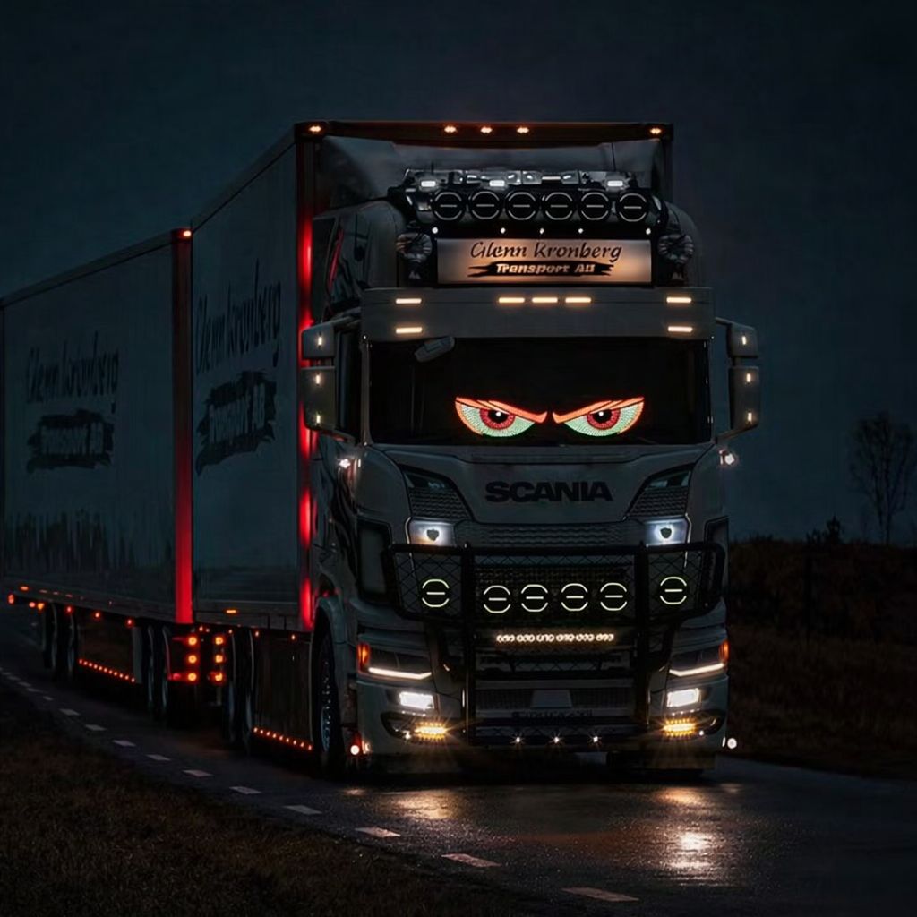 Truck with red and white LED eyes display mounted inside windscreen at night, creating glowing custom vehicle lighting effect