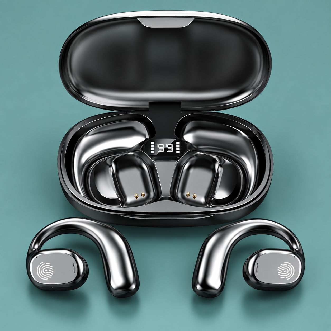 Open charging case with empty slots and two black open-ear wireless headphones on a teal background.
