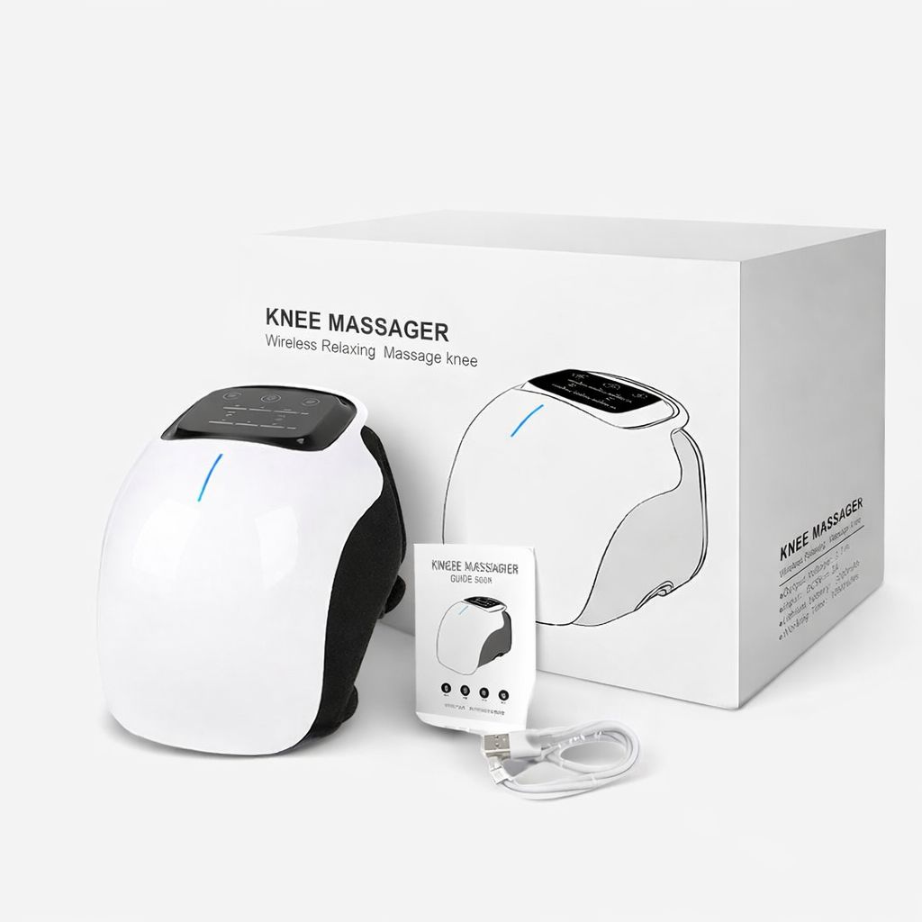 rechargeable knee massager with control panel displayed in front of packaging box with charging cable included