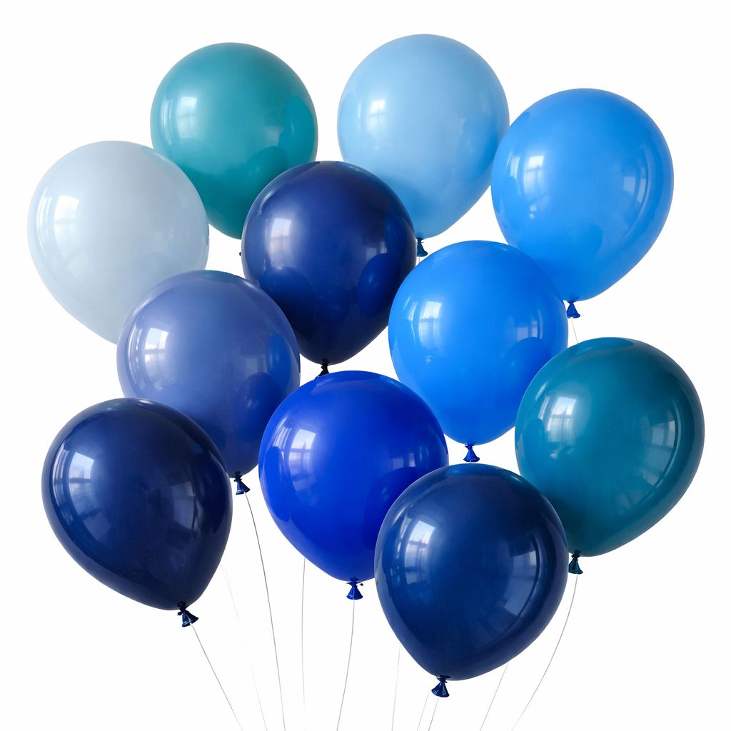 Hero image showing eleven blue balloons in varying shades arranged together on a clean white background representing full blu