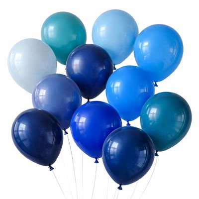 Hero image showing eleven blue balloons in varying shades arranged together on a clean white background representing full blu