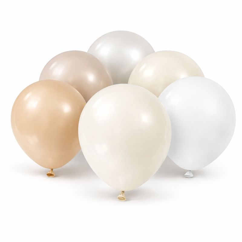 Neutral and white latex balloons arranged together showing Nude Beige, Pearl White, Soft Ivory, Creamy White and Pure White c