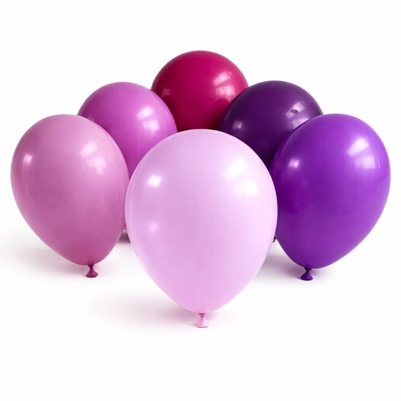 Six purple balloons in different shades arranged in a cluster on a white background showing colour variations