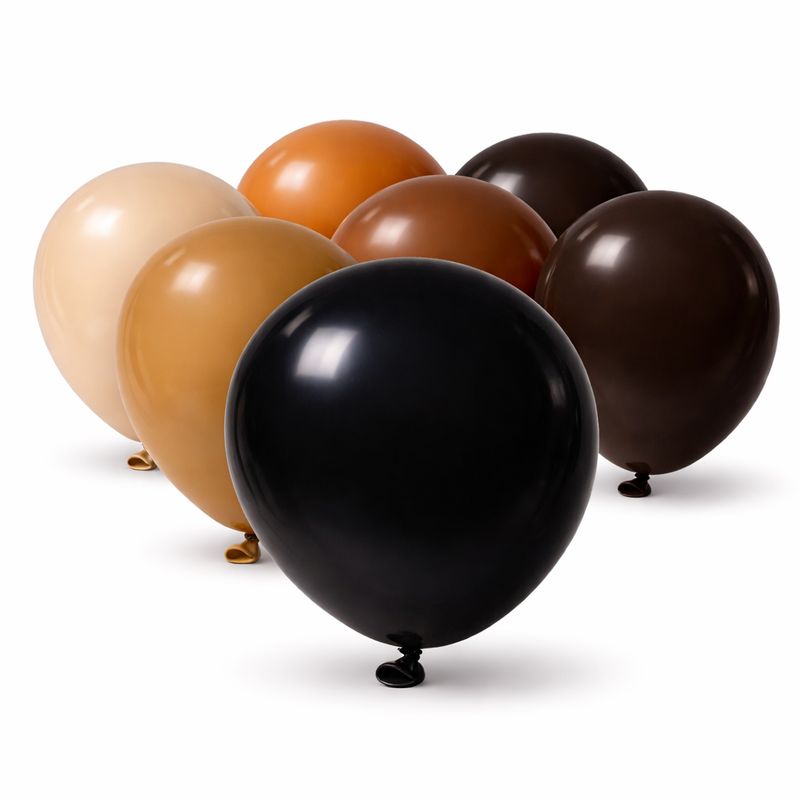 Mixed earth tone balloons with pure black balloon at front, arranged on white background with soft shadows and glossy finish