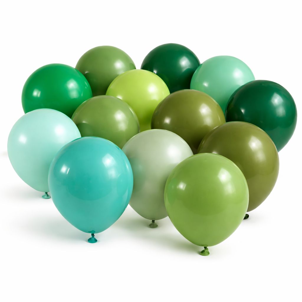 Ten green balloons in different shades arranged together on a white background, showing a full green colour collection for ba