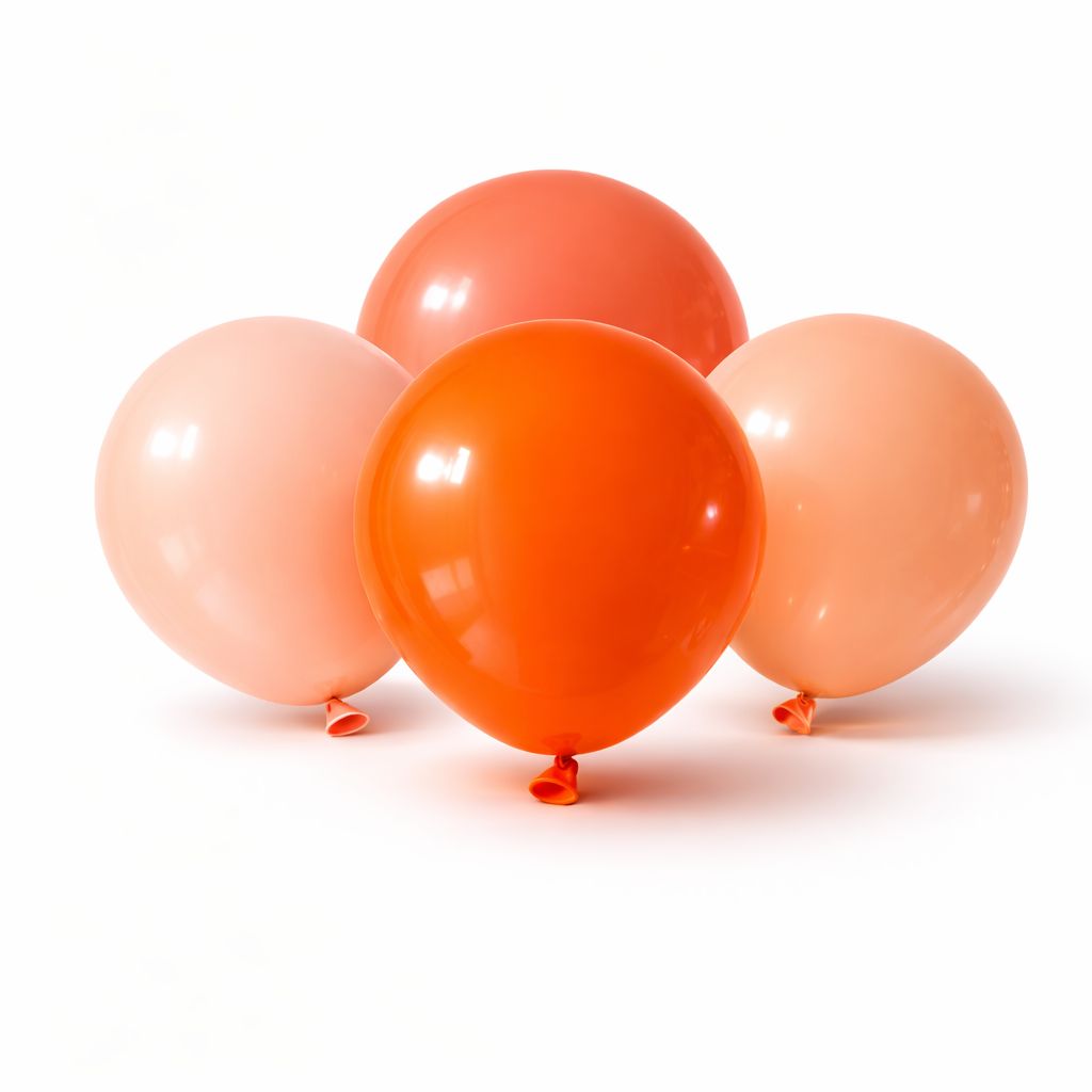 Four orange balloons arranged in a cluster on a white background showing classic, pastel, apricot and sunset tones