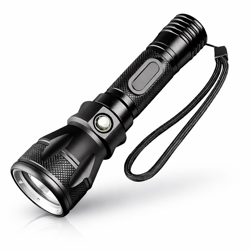 Rechargeable waterproof LED torch with wrist strap, black aluminium outdoor flashlight for fishing, boating and camping