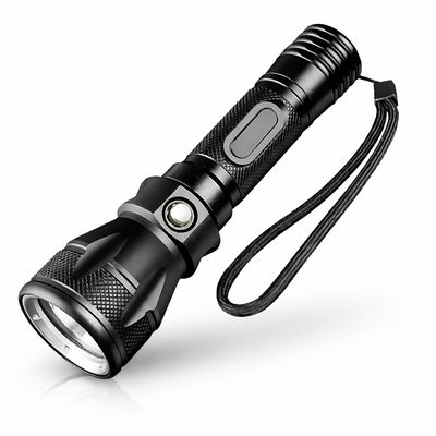 Rechargeable waterproof LED torch with wrist strap, black aluminium outdoor flashlight for fishing, boating and camping