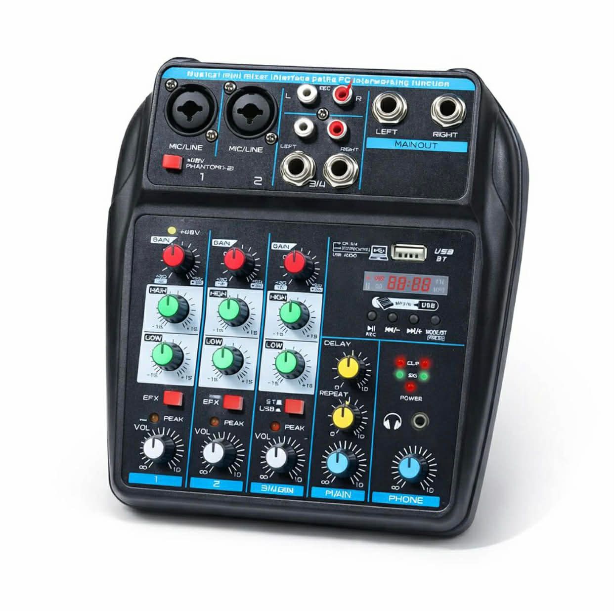 Compact Audio Mixer – Easy Sound Control – 2 Mic + Music Inputs