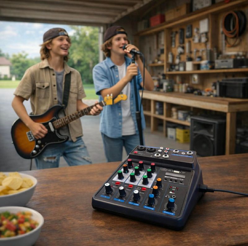 Compact Audio Mixer – Easy Sound Control – 2 Mic + Music Inputs