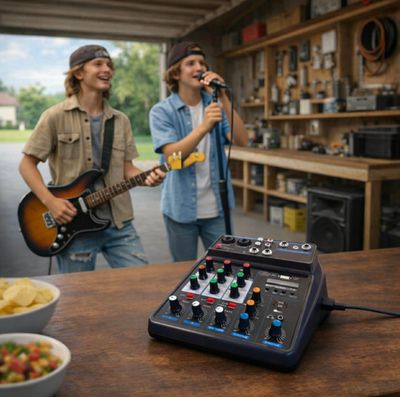 Compact Audio Mixer – Easy Sound Control – 2 Mic + Music Inputs
