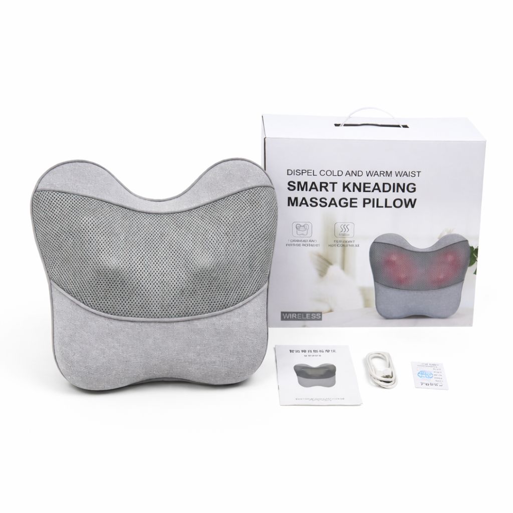 grey shiatsu massage cushion with retail box and accessories on white background clean product display
