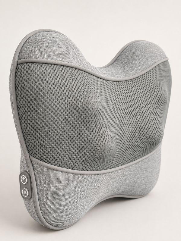 Grey shiatsu massage cushion with breathable mesh, ergonomic contour and side power and heat controls.

