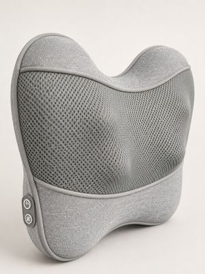 Grey shiatsu massage cushion with breathable mesh, ergonomic contour and side power and heat controls.