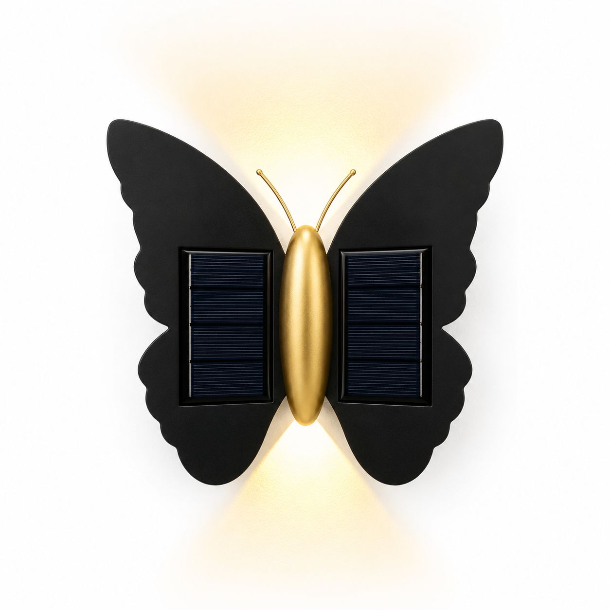 Butterfly solar wall light with warm up and down glow, black wings with solar panels and gold body on white background